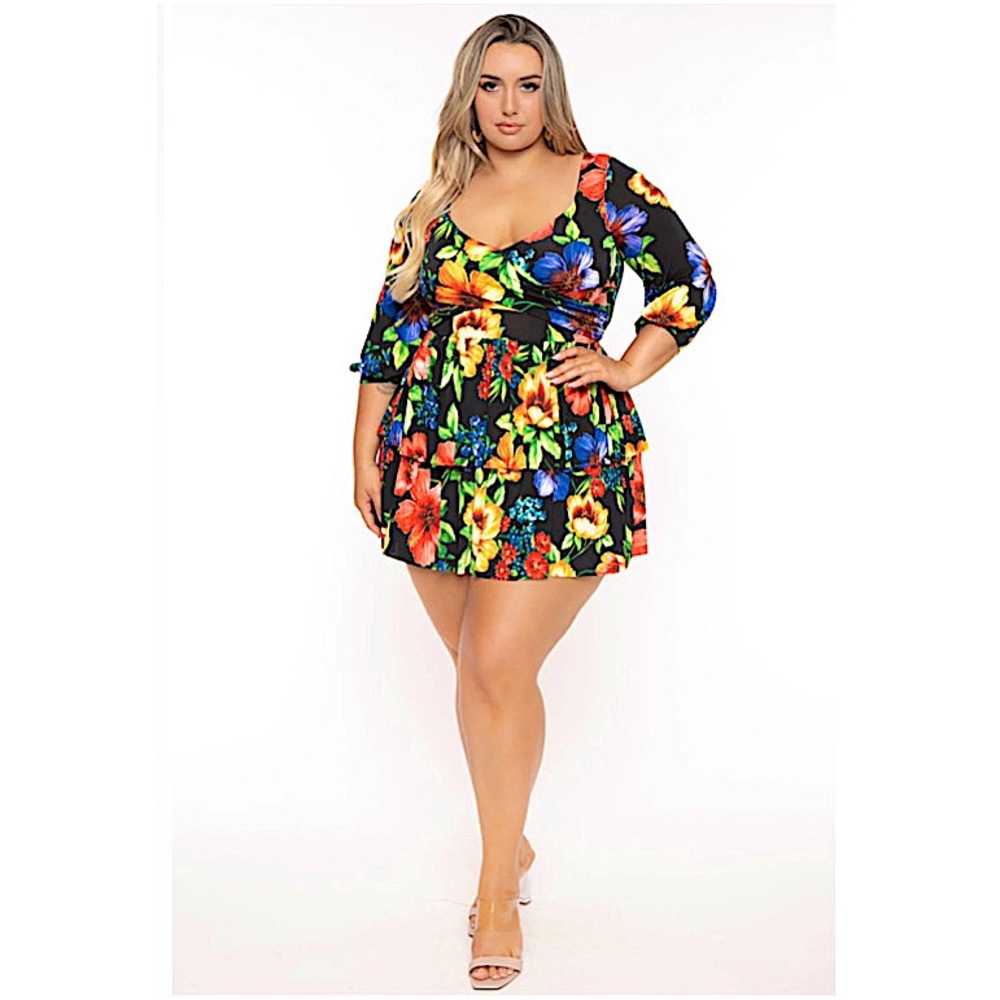 CURVY SENSE Plus Size Maggie Cross Wrap Floral Mini Dress- Black 1X